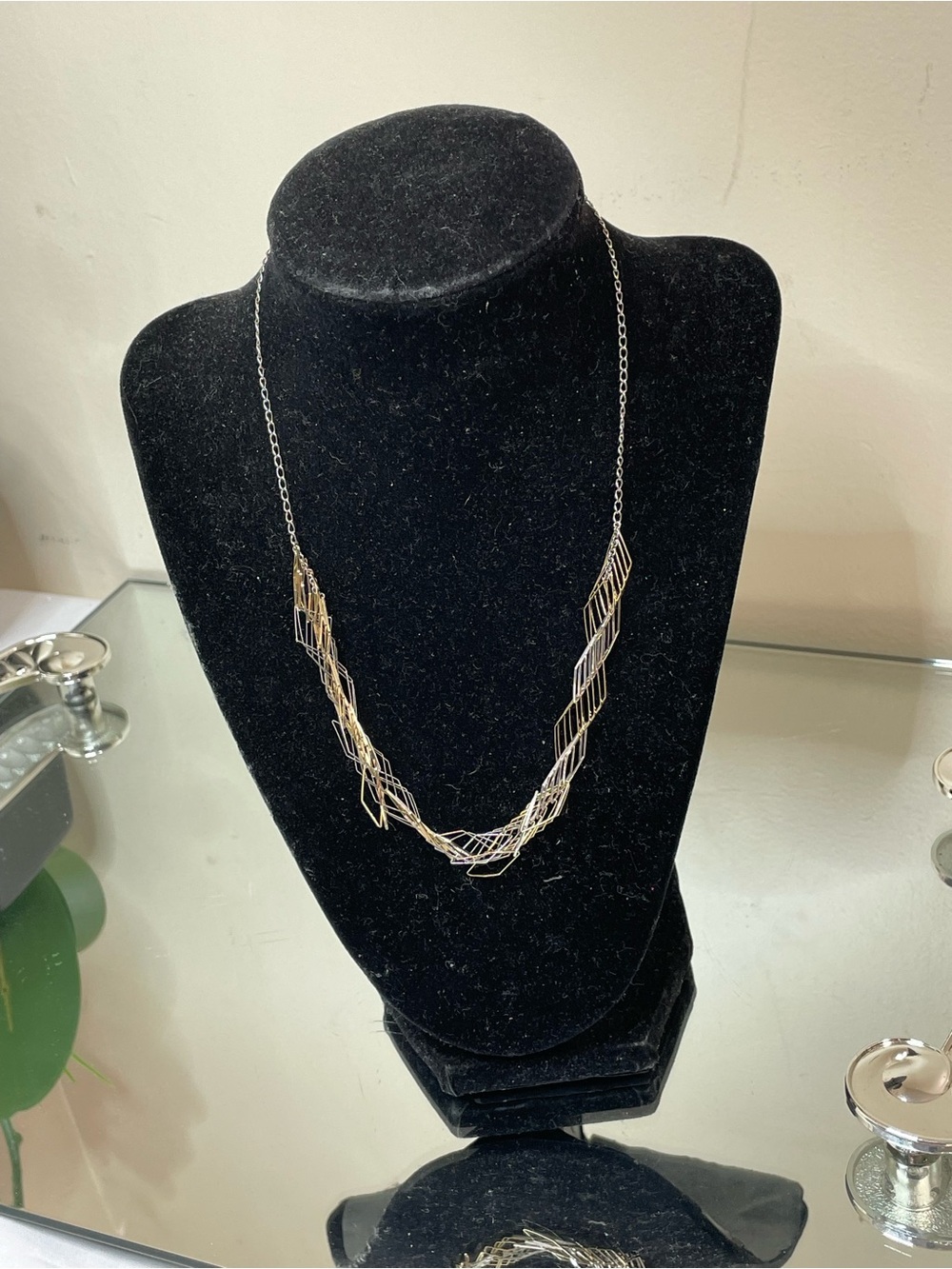 Vintage Y2K Two Tone AU 925 Sterling Silver 10K Gold Geometric Mesh Necklace
